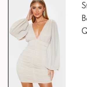 Mesh Ruched Creme balloon sleeve body con dress